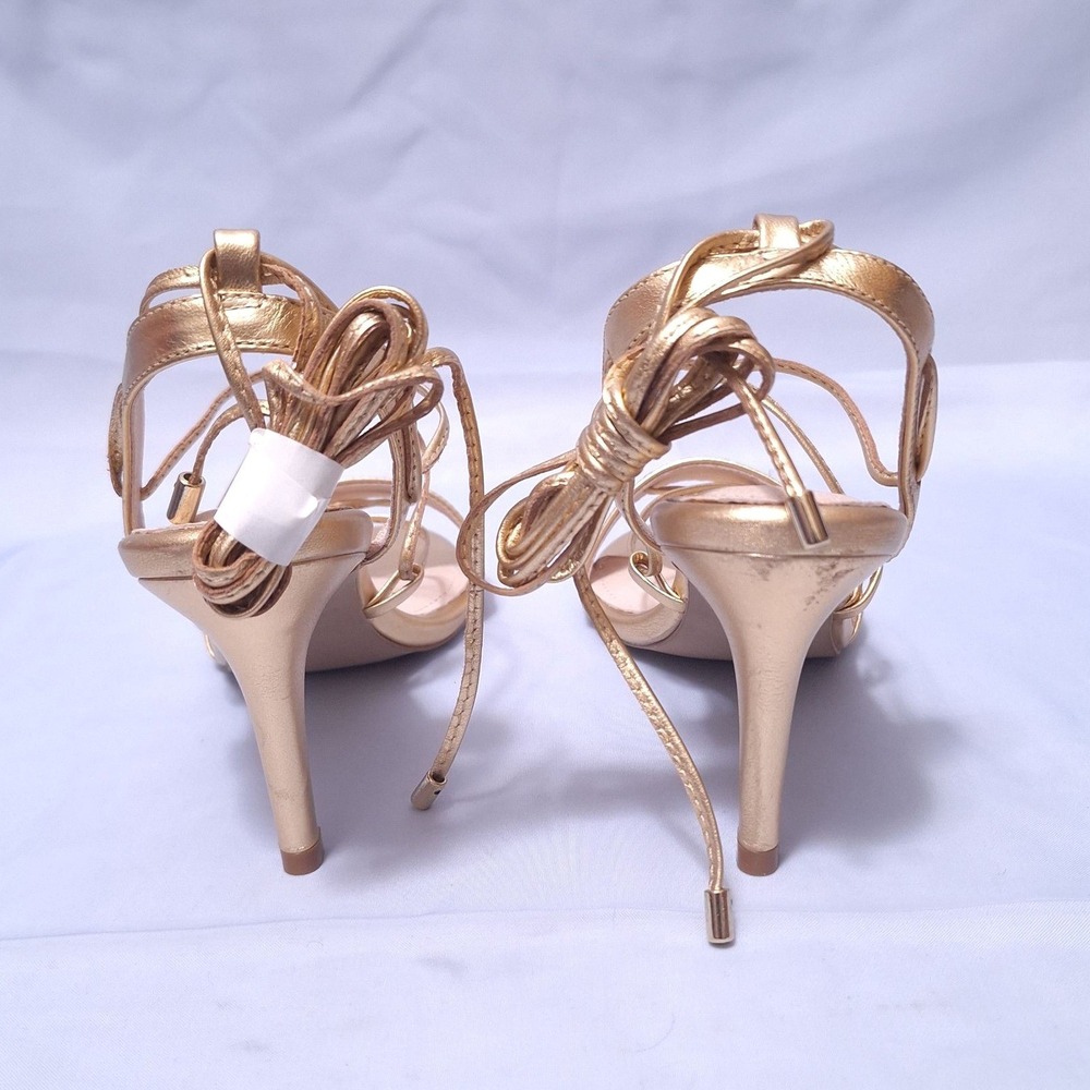 Barneys New York Shelia Lace Up Sandals Gold Metallic Leather Heels Sz 6 Strappy - Picture 4 of 10